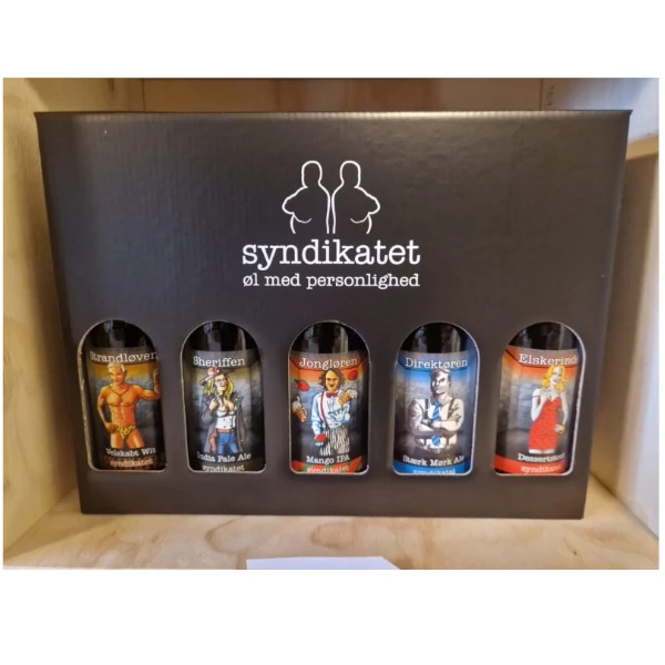 Gaveæske i pap til 5 stk. 33cl flasker Syndikatet